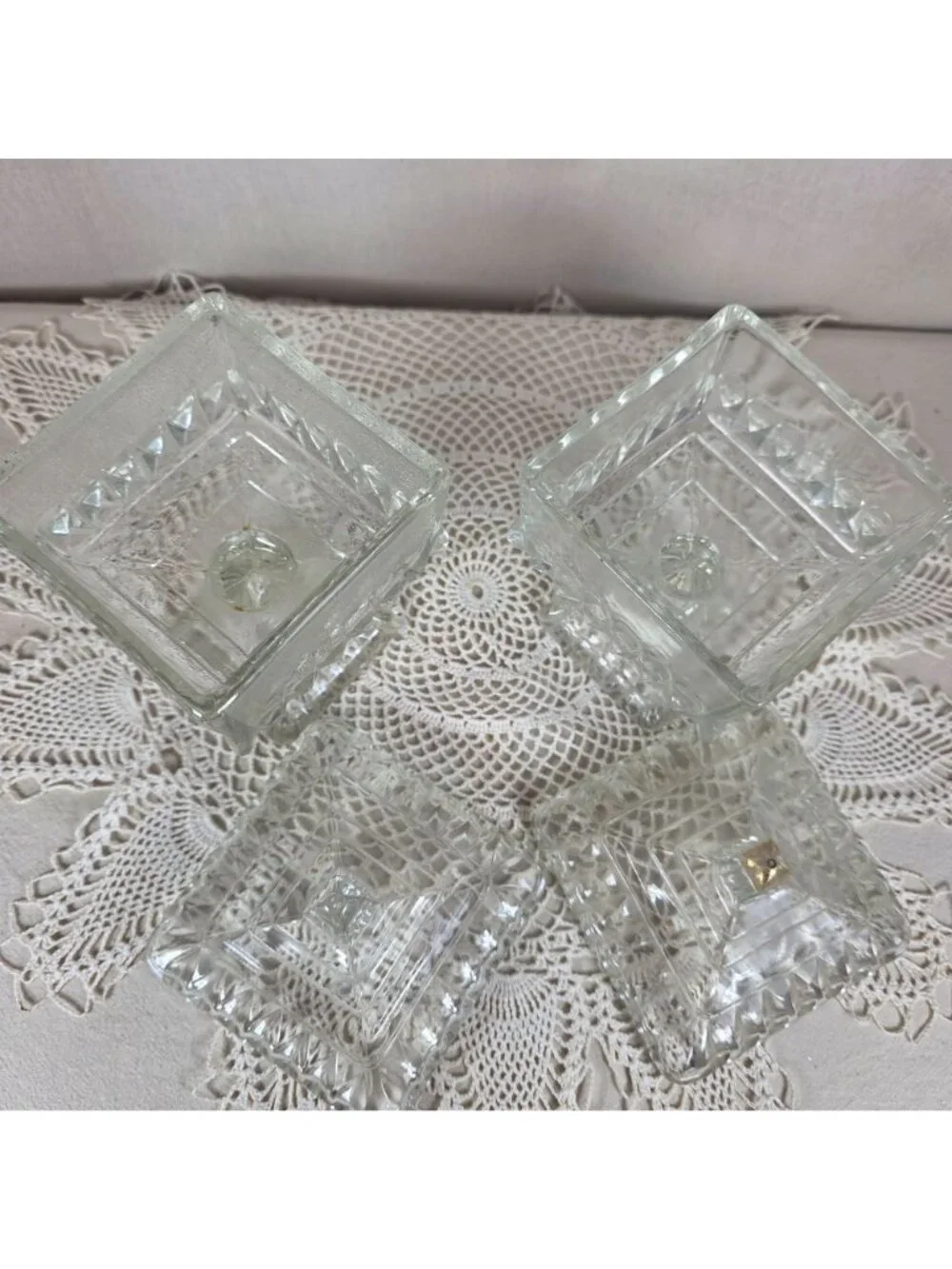 Vintage Clear Glass Pedestal Candy Dish Set of 2 Lidded Compote Pressed Glass Tr - Picture 9 of 11
